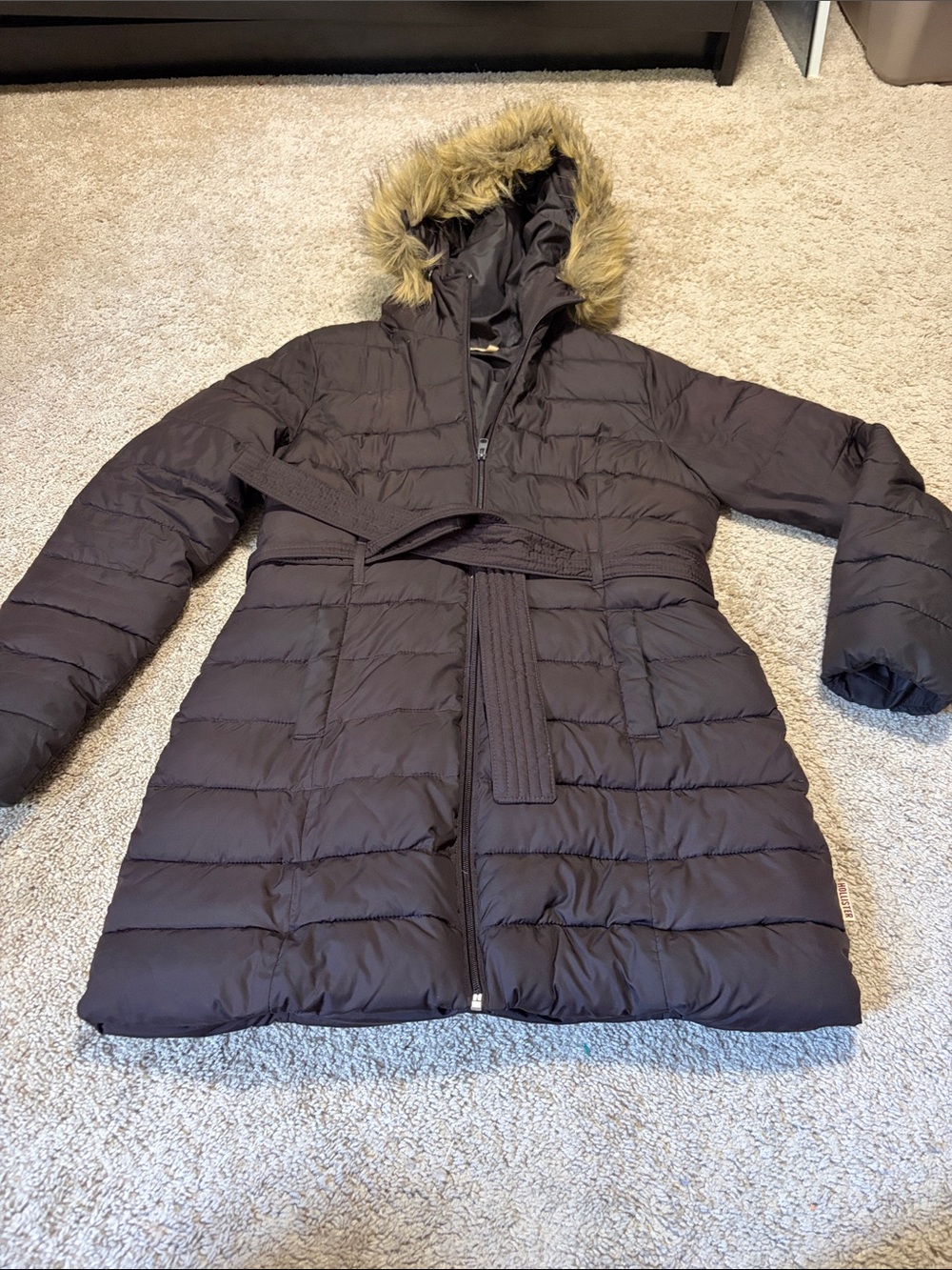 HOLLISTER Women's Faux Fur Trim Quilted Belted Parka Jacket Brown Large